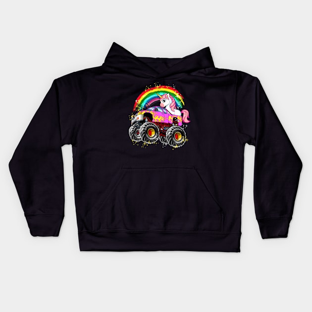 Monster Truck Unicorn Girls Birthday Party Truck Kids Hoodie by MaciGalloway3